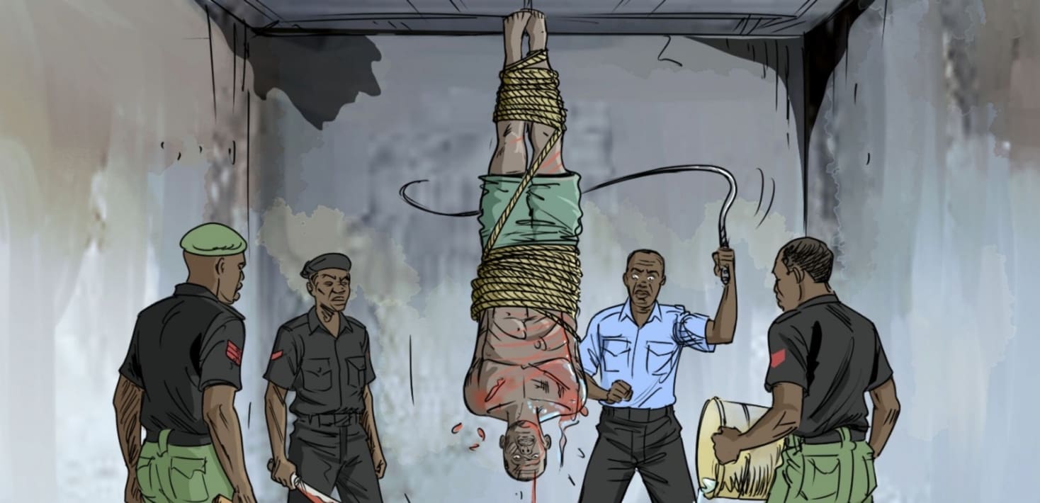 a drawing of a person hanging upside down with rope and police whipping them.