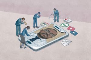 An illustration of people in suits with microphones and cameras examining a large phone with face of journalist Teixeira Cândido on the screen.