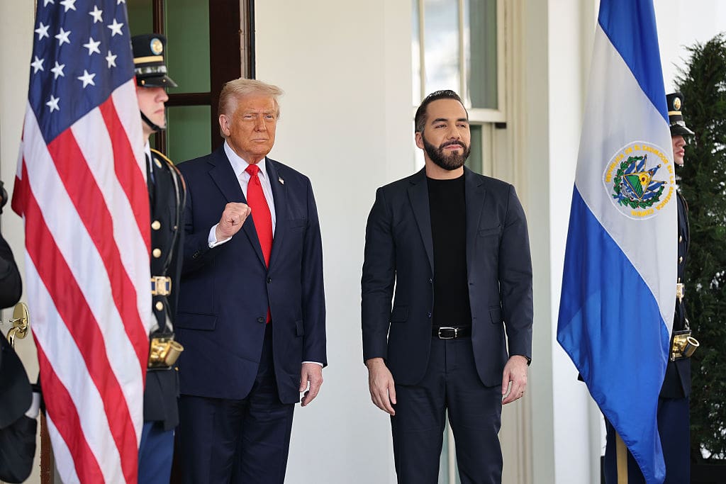 WASHINGTON, DC - APRIL 14: U.S. President Donald Trump welcomes President Nayib Bukele of El Salvador to the White House April 14, 2025 in Washington, DC. Trump and Bukele were scheduled to meet in the Oval Office to discuss a range of bilateral issues including the detention of Kilmar Armando Abrego Garcia, who has been held in a prison in El Salvador since March 15.