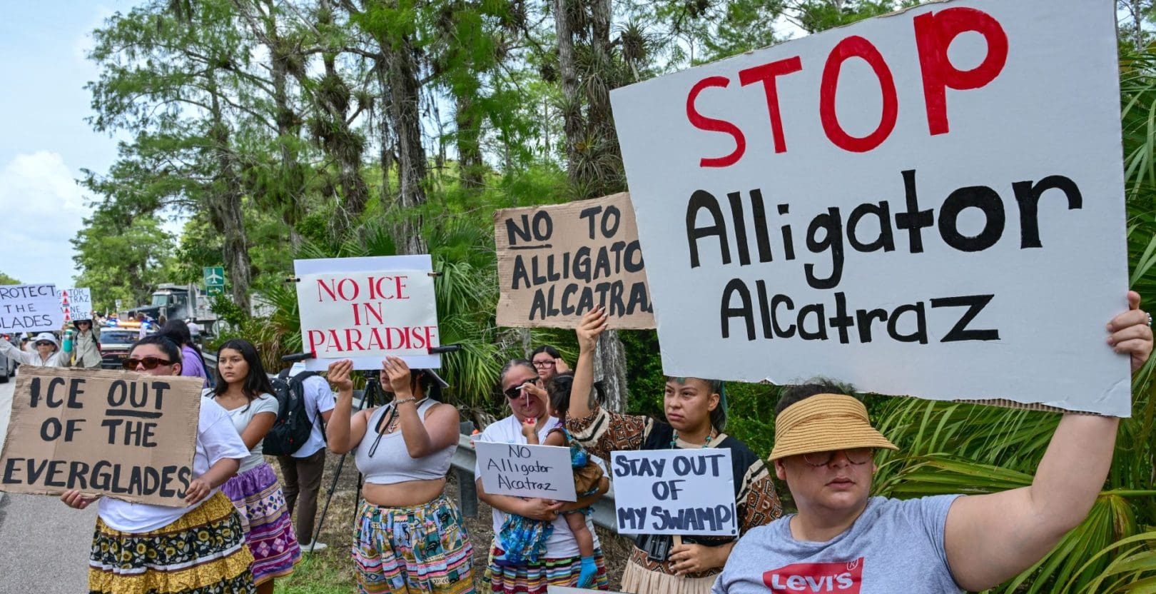 Demonstrators protest the construction of an immigrant detention center, dubbed 