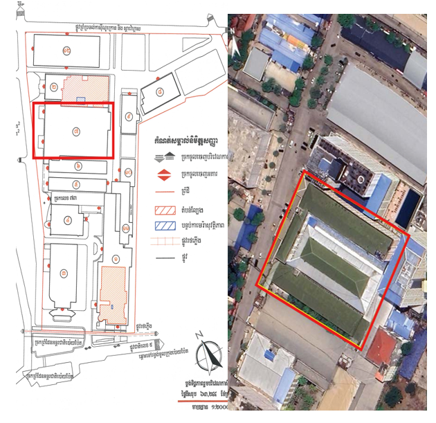 The Crown Resorts (Poipet) CGMC-approved map (left) and the PO18 scamming compound profiled by Amnesty International (right) with a red box on both maps showing the location where two victims were deprived of their liberty and threatened with violence.
