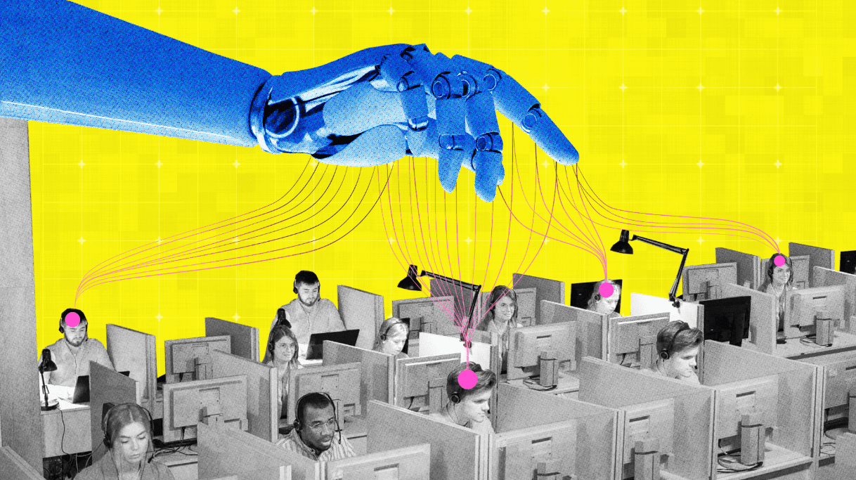 A blue robotic arm pulls strings on workers at cubicles staring at computer screens.