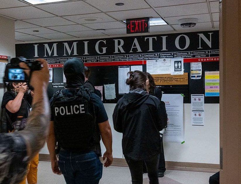 Federal agents patrol the halls of immigration court at the Jacob K. Javits Federal Building on July 08, 2025 in New York City.