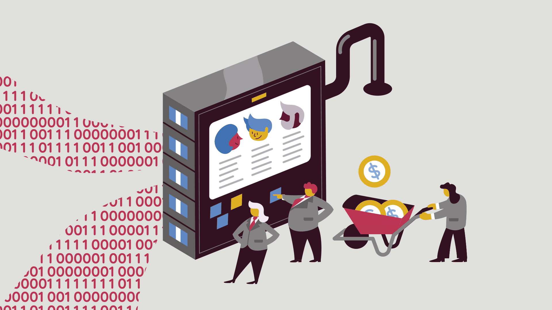 An illustration showing a giant screen with zeros and ones pouring into one end while coins fall out the other.