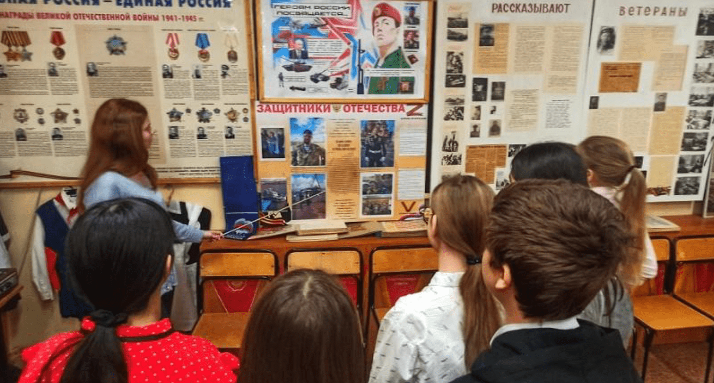 A teacher conducting a lecture on the “special military operation” at School 250 of St. Petersburg