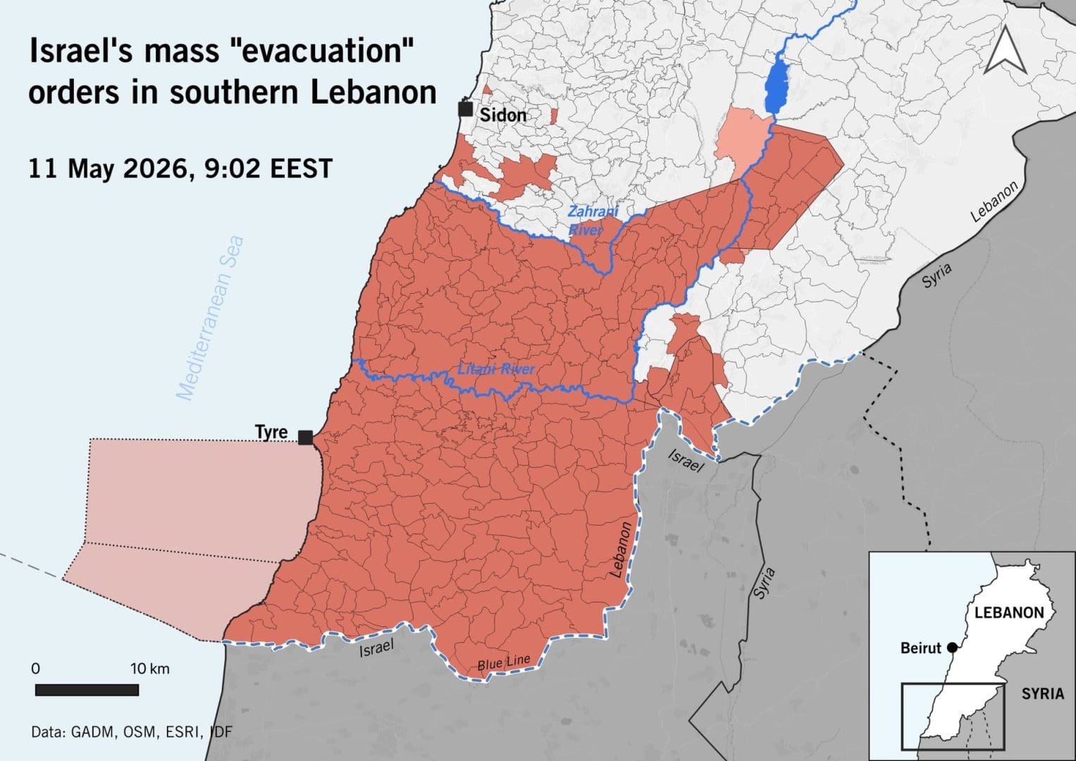 Map showing a large chunk of southern Lebanon in red, where Israel has issued evacuation orders.