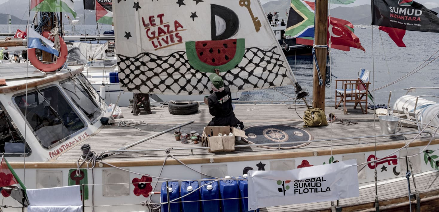 A collection of sailboats at harbor with flags and painted signs showing solidarity with Gaza.