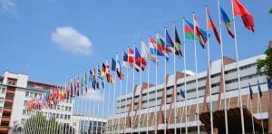 CEO headquarters with flags from EU nations