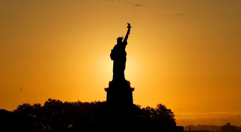 Geese fly over the Statue of Liberty as the sun rises