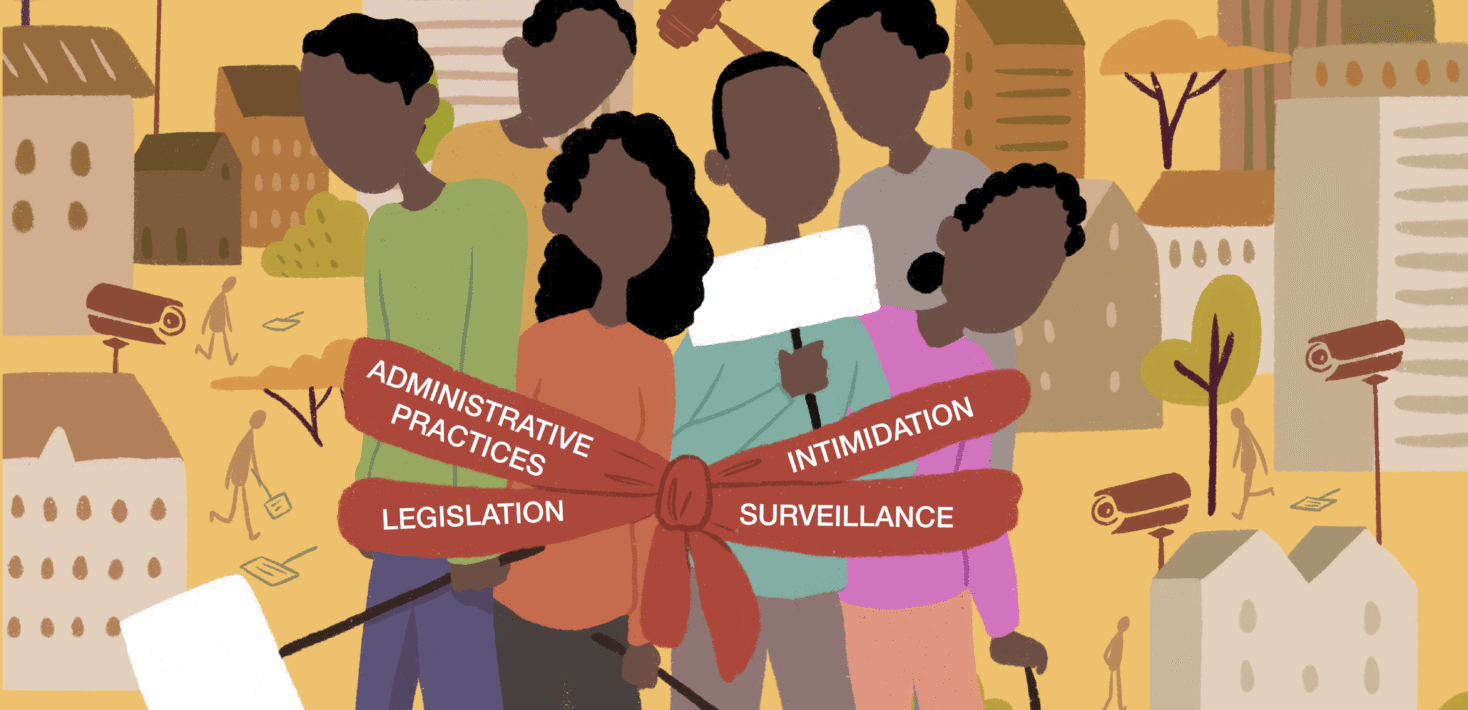 A cartoon of faceless people holding signs wrapped in a bow in front of a pleasant cityscape.