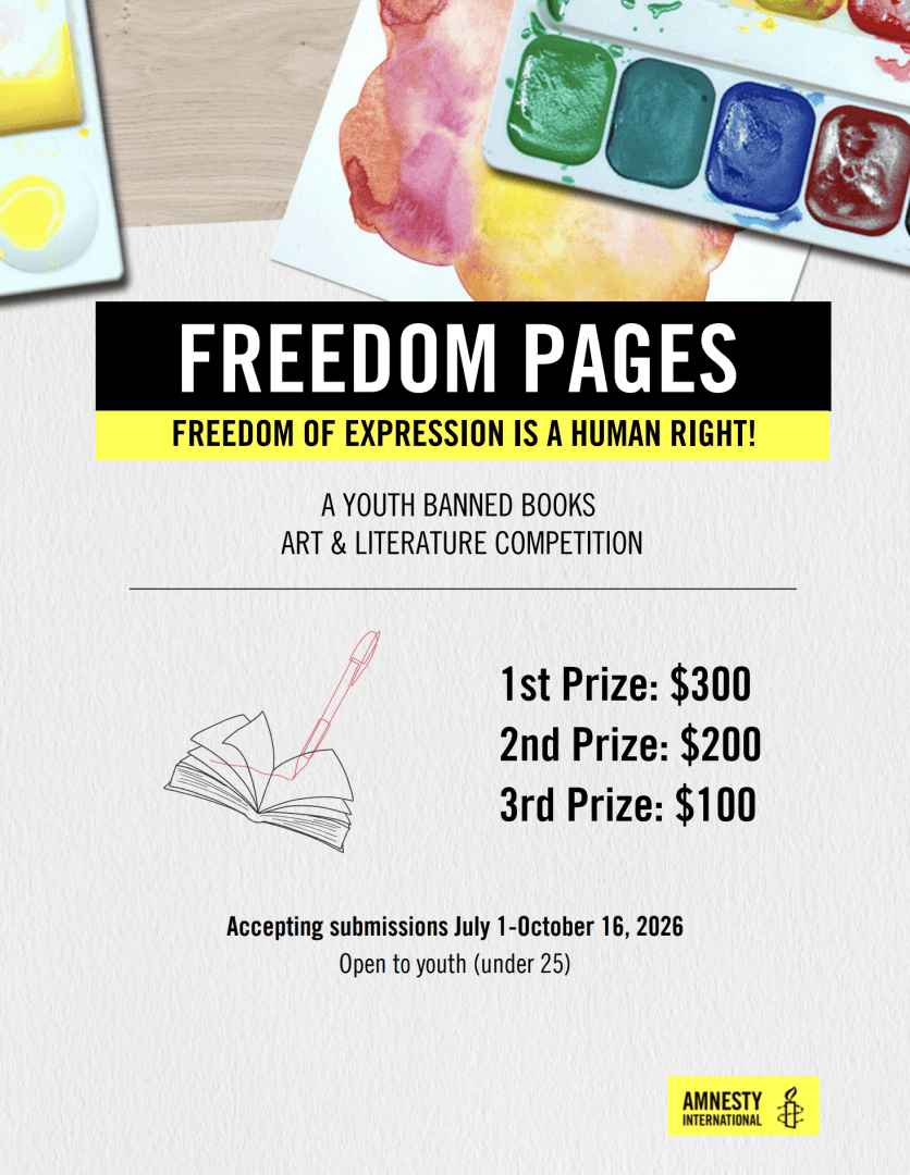 Freedom pages contest flyer, outlining the prizes and submission details. 1st prize: $300, 2nd Prize: $200, 3rd Prize: $100. Accepting submissions July 1-October 16, 2026. Open to youth (under 25).