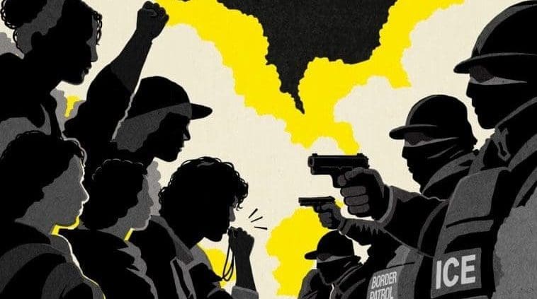 illustration of a row of ICE agents pointing guns at a row of people. one person is blowing a whistle