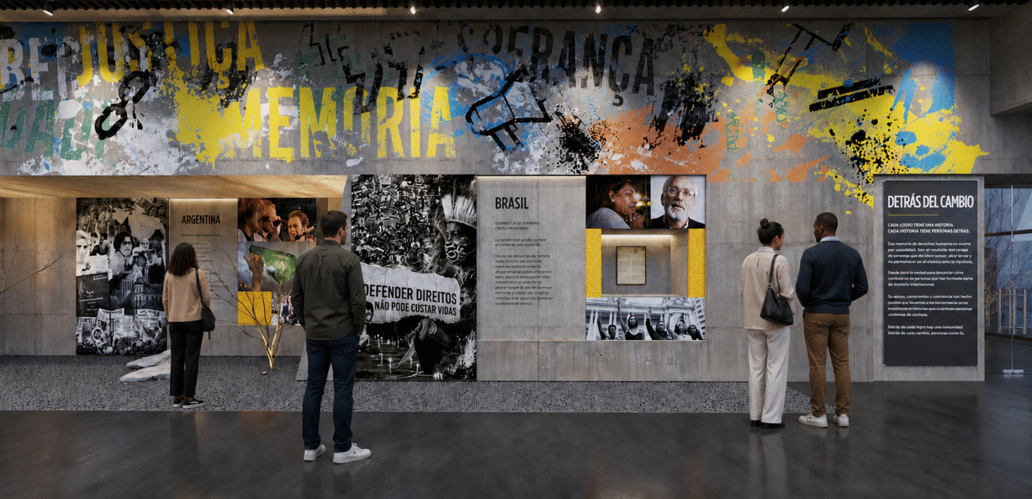 A digital illustration of the inside of a museum, with people looking at images on walls with text next to them.