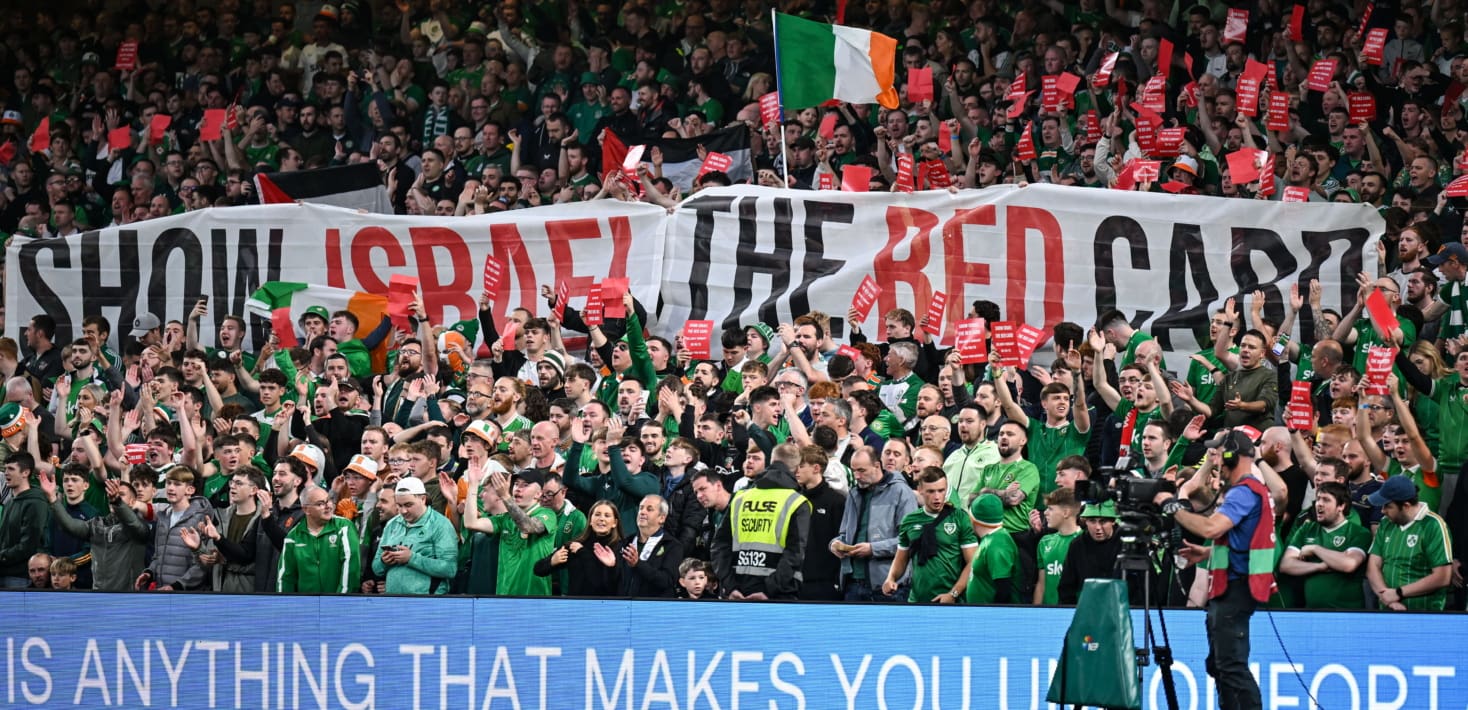 A crowd of Irish football fans in an arena, holding a banner that says 