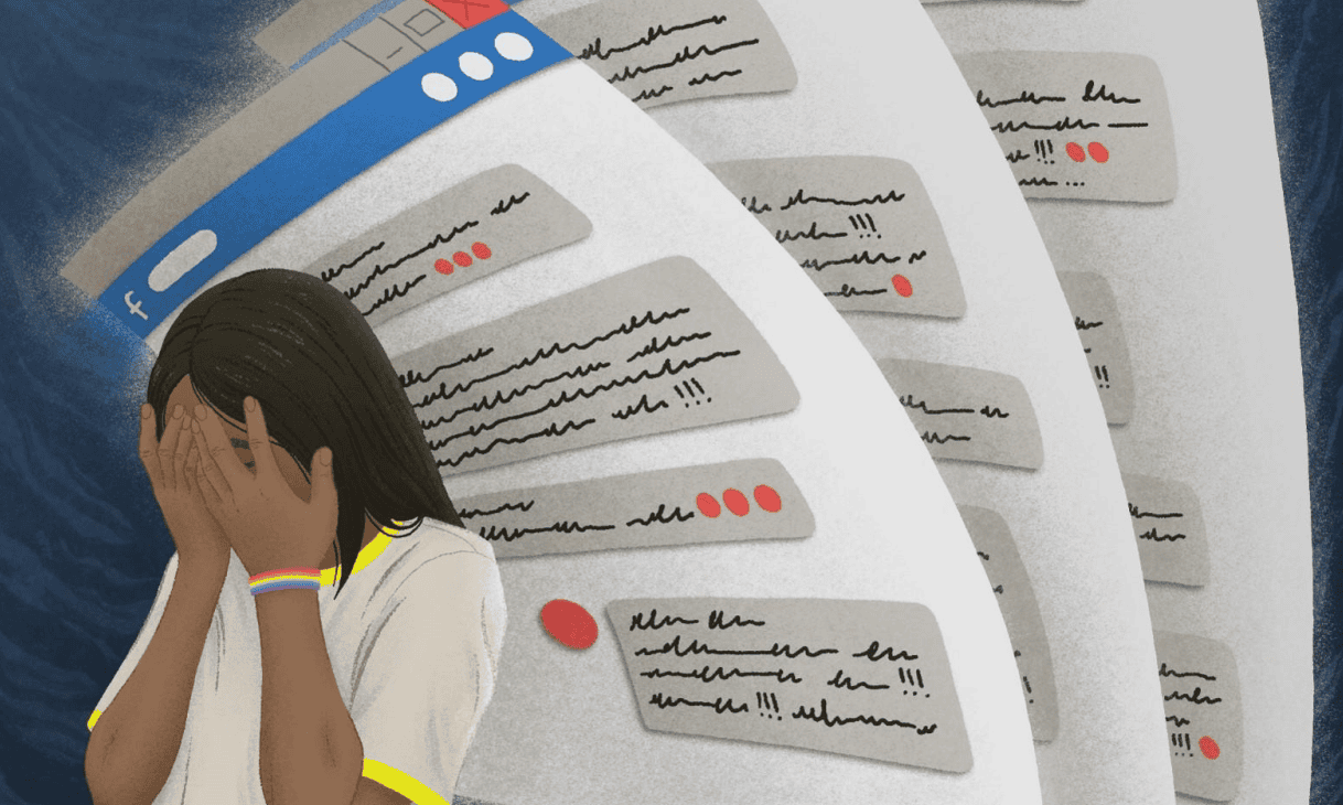 illustration of person with head in hands, wearing a rainbow bracelet, with three oversized printouts of Facebook pages hovering behind