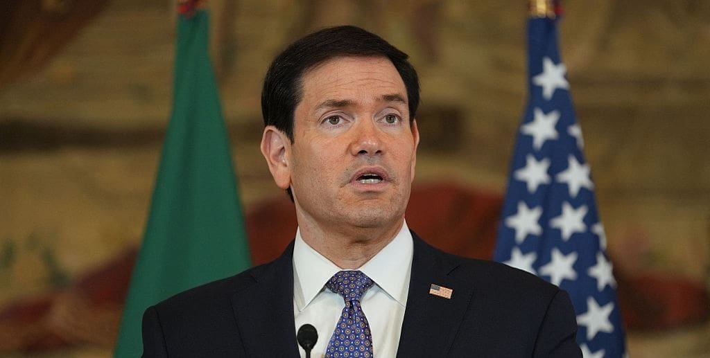 US Secretary of State Marco Rubio speaks during a joint press conference with Portugal's Foreign Minister at the Necessidades Palace, the Portuguese foreign ministry, in Lisbon on October 8, 2026.